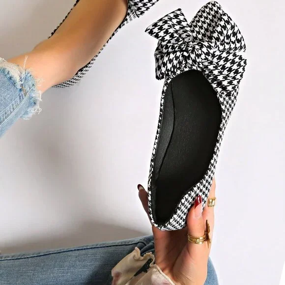 Black And White Casual Women's Loafers with Plaid Bow - Picture 2 of 8